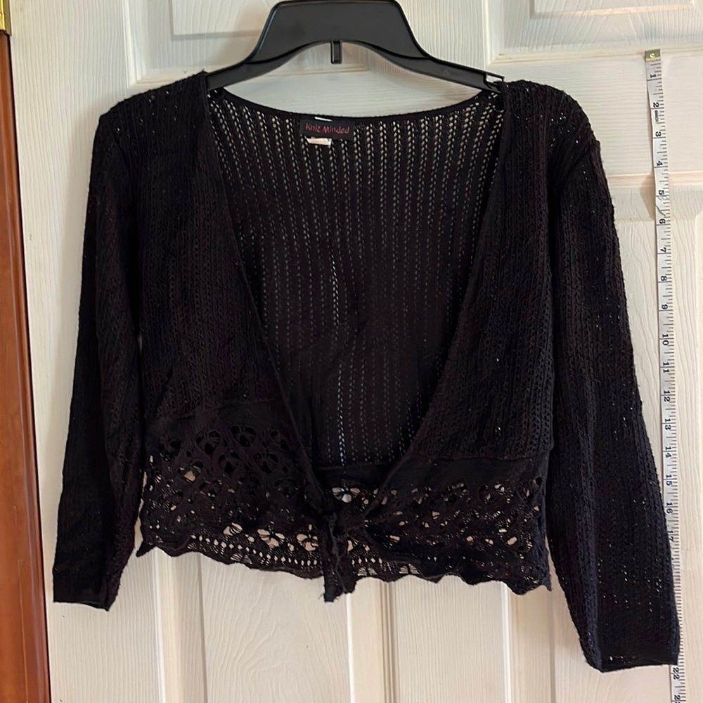 VTG-knit Minded-S-black -crocheted tie top, or tie front cardigan. Long sleeve.